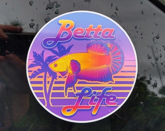 4in Betta Life Removable Window Cling - Gift for Betta Fish Lover, Aquarium Sticker, Retro Art, Weatherproof, Static Cling, Car Decal