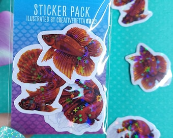 Betta Fish Sticker Pack, Holographic Sticker, Fish Gift, Mini Sticker, Water Bottle Sticker, Hydroflask Sticker, Laptop Decal, Phone Sticker