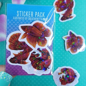 Betta Fish Sticker Pack, Holographic Sticker, Fish Gift, Mini Sticker, Water Bottle Sticker, Hydroflask Sticker, Laptop Decal, Phone Sticker
