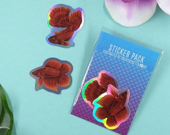 Waterproof Sticker Betta Lover Holographic Sticker Gift for Betta Fish Lover 1.5in Rainbow Holographic Vinyl Betta Fish Sticker Pack