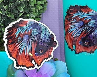 3in Betta Fish Sticker Blue & Red Bi Color, Clear Sticker, Betta Fish Gift, Betta Fish Lover, Pet Gift, Water Bottle Sticker, Hydroflask