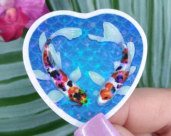 2in Holographic Heart Koi Fish Sticker, Koi Fish Art, Koi Fish Pond, Water Bottle Sticker, Hydroflask Sticker, Laptop Decal, Phone Sticker