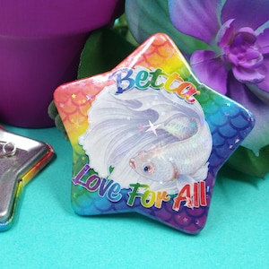 White Halfmoon Betta Fish Pin - Gift For Betta Fish Lover, Holographic Star, Pin Badge, Button Pin, Rainbow, Betta Fish Art, Cute Pin, LGBT