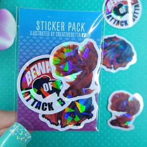 Beware of Attack Betta Fish Sticker Pack, Holographic Sticker, Fish Gift, Mini Sticker, Water Bottle Sticker, Hydroflask Sticker, Aquarium