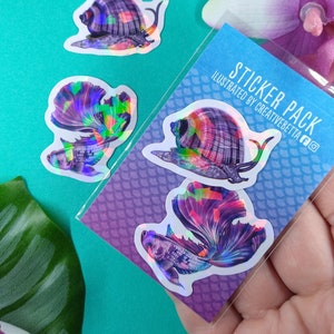 Betta Fish & Snail Sticker Pack, Holographic Sticker, Mini Sticker, Water Bottle Sticker, Hydroflask Sticker, Laptop Decal, Phone Sticker