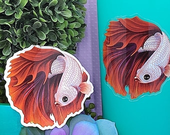 3in Betta Fish Sticker Red Dragon Halfmoon, Clear Sticker, Betta Fish Gift, Betta Fish Lover, Pet Gift, Water Bottle Sticker, Hydroflask