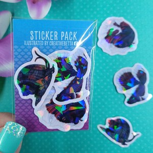 Betta Fish & Snail Sticker Pack, Holographic Sticker, Mini Sticker, Water Bottle Sticker, Hydroflask Sticker, Laptop Decal, Phone Sticker