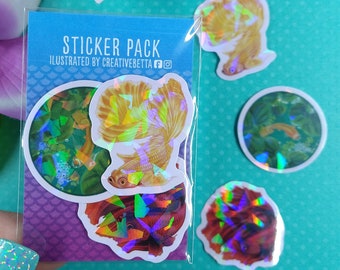 Betta Fish Sticker Pack, Holographic Sticker, Fish Gift, Mini Sticker, Water Bottle Sticker, Hydroflask Sticker, Laptop Decal, Phone Sticker