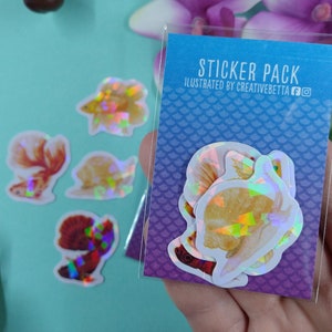 1.5in Holographic Aquarium Sticker Pack - Regalo para Betta Fish Lover, Mystery Snail Lover, Betta Fish Sticker, Mystery Snail Sticker, Caracoles