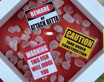 Aquarium Caution Signs, Warning, Aquarium Decor, Betta Fish Tank Decor, Window Decal, Static Cling, Removable Sticker, Betta Fish Sticker