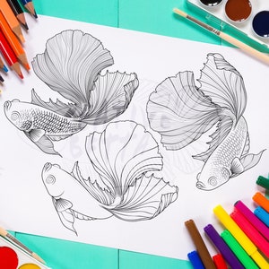 Digital Betta Fish Coloring Book Page - Downloadable Line Art for the Betta Fish Lover - Great Gift Activity Page for Child or Children