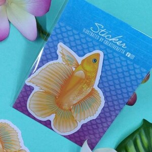 3in Glossy Vinyl Yellow Double Tail Betta Fish Sticker - Gift for Betta Fish Lover, Aquarium, Tank, Decal, Window, Laptop, Tumbler, Car
