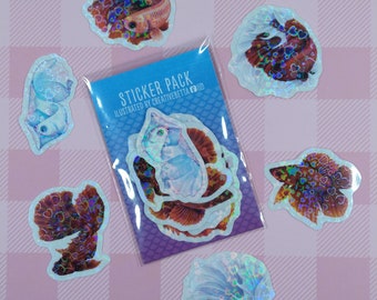 Clear Holographic Valentines Day Gift Sticker Pack, Betta Fish Gifts, Sticker Set, Laptop Stickers, Water Bottle Stickers, Vinyl Stickers