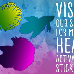 May include: A watercolour background in blue, purple, and pink, with three stylized fish silhouettes in green, teal, and purple. White text reads "VISIT OUR SHOP FOR MORE HEAT ACTIVATED STICKERS."