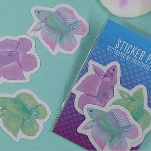 1.5in Glossy Clear Vinyl Betta Fish Sticker Pack - Gift for Betta Fish Lover, Betta Lover, Waterproof Sticker, Clear Sticker, Vinyl Sticker