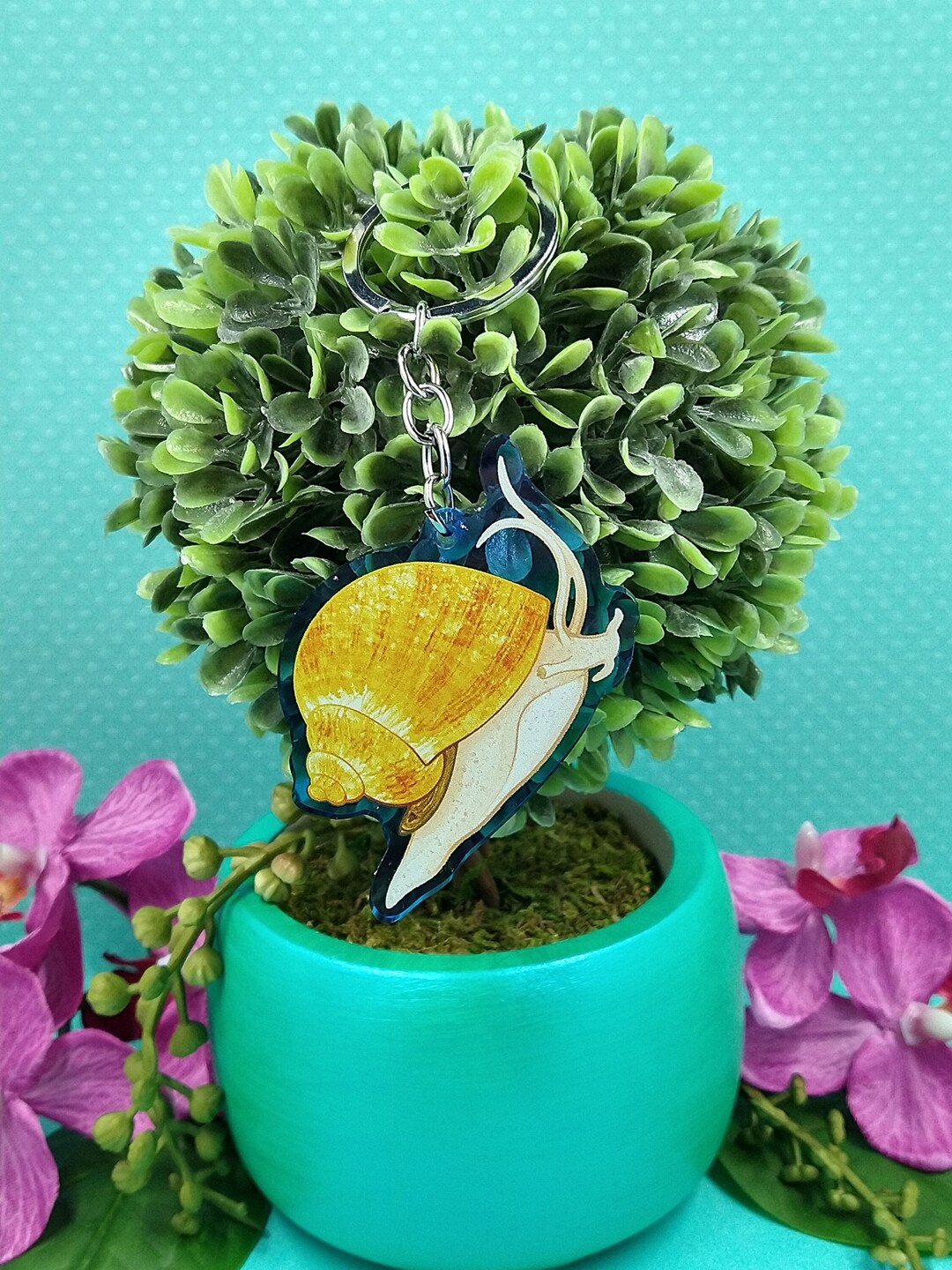 Blue Acrylic Keychain Gold Mystery Snail, Gift for Snail Lover