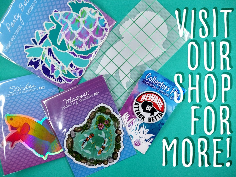 May include: A selection of vinyl stickers and a magnet, showcasing vibrant betta fish and mermaid-themed illustrations. The image includes the text "Visit Our Shop For More!"