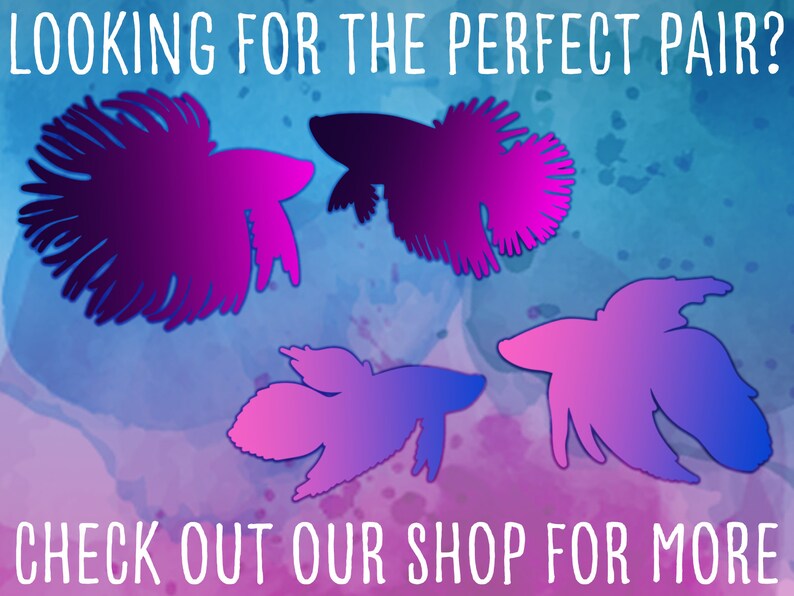 May include: A watercolour background in blue, purple, and pink, with four fish silhouettes in purple and pink. The text "LOOKING FOR THE PERFECT PAIR?" and "CHECK OUT OUR SHOP FOR MORE" are written in white.