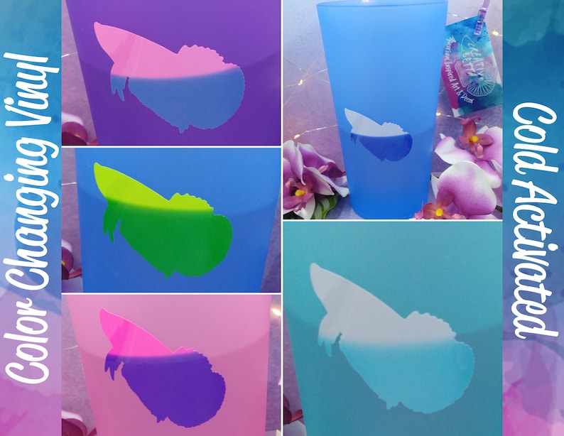 May include: A selection of colour-changing vinyl cups. The cups change colour when cold, displaying a butterfly design. Text on the image reads "Color Changing Vinyl" and "Cold Activated".
