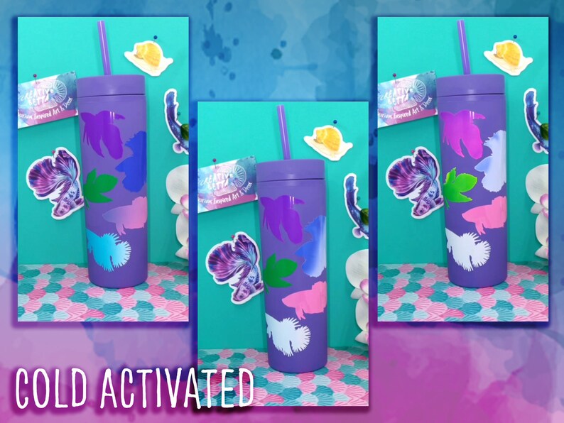 May include: A purple tumbler with a straw, displaying fish-shaped designs that change colour when cold. The tumbler has a matching lid and straw. The words "COLD ACTIVATED" are at the bottom of the image.