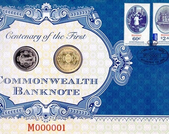 PNC / FDC 2013 First Commonwealth Banknote Centenary RAM 20c & Perth Mint AUD1.00 Uncirculated Commemorative Coins