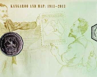 PNC / FDC 2013 Kangaroo and Map Stamp Centenary Stamp and Coin Cover Australia RAM 50c Uncirculated Commemorative Coin