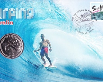 PNC / FDC 2013 Surfing Australia Stamp and Coin Cover Australia RAM 50c Uncirculated Commemorative Coin