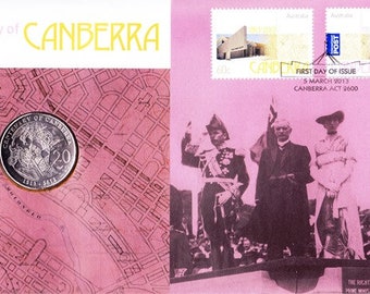 PNC / FDC 2013 Centenary of Canberra Stamp and Coin Cover Australia RAM 20c Uncirculated Commemorative Coin