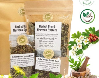 Mélange de thé à base de plantes naturelles biologiques "CALMANT" avec 5 herbes bénéfiques efficaces. (100 g/3,53 oz.) Récolté à l'état sauvage et fait à la main !