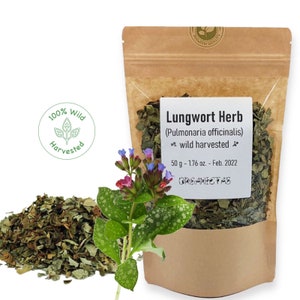 May include: A brown paper bag with a white label that reads "Lungwort Herb (Pulmonaria officinalis) wild harvested 50 g - 1.76 oz. - Feb. 2022 ORGANICTAS". The bag contains dried green herbs. A green circle with the text "100% Wild Harvested" is in the upper left corner of the image. A sprig of lungwort with green leaves and purple flowers is in the lower left corner of the image.