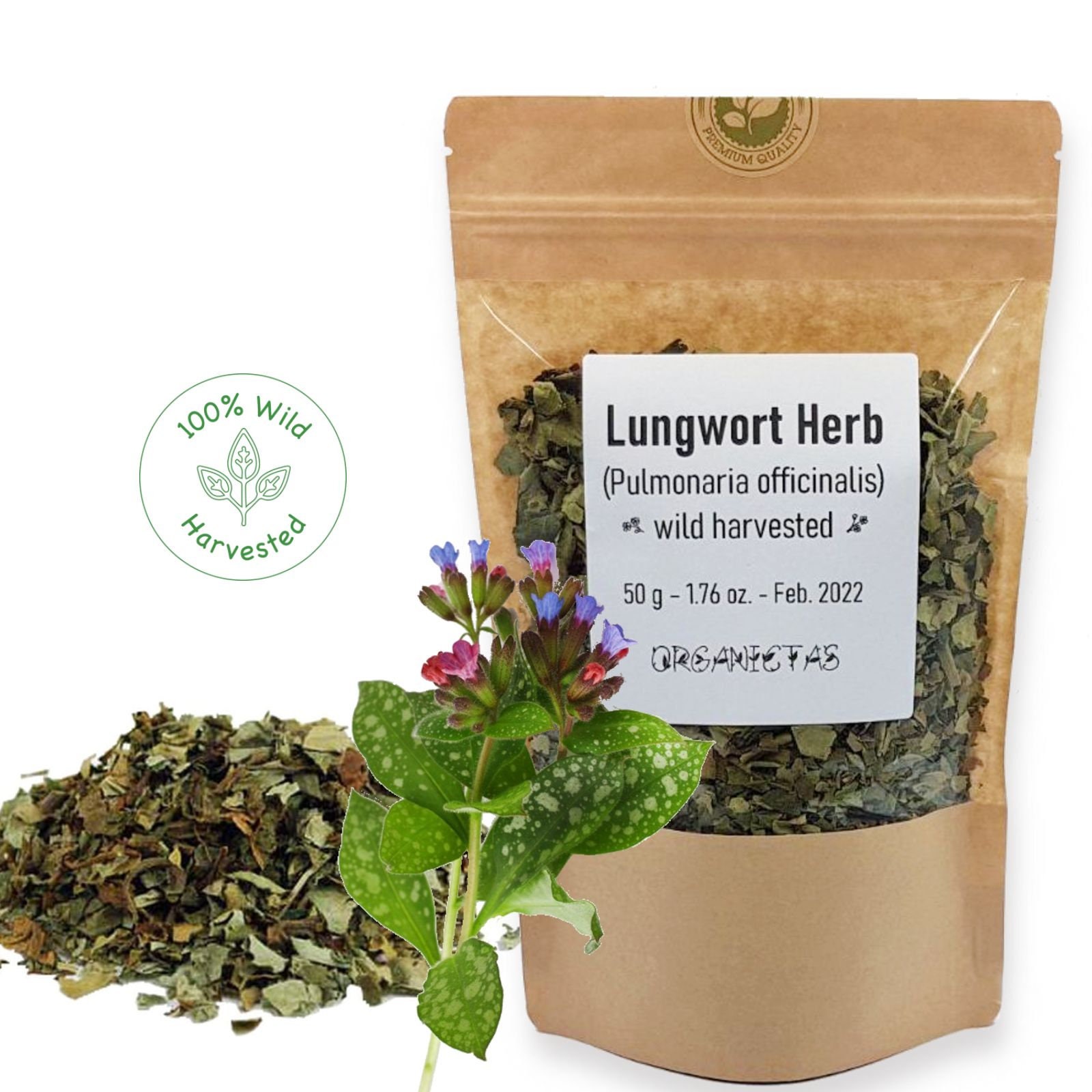 Lungwort Herb, Pulmonaria officinalis, Cut & Dried, Organic Wild Harvested Loose Tea (100g/3.53 oz.)