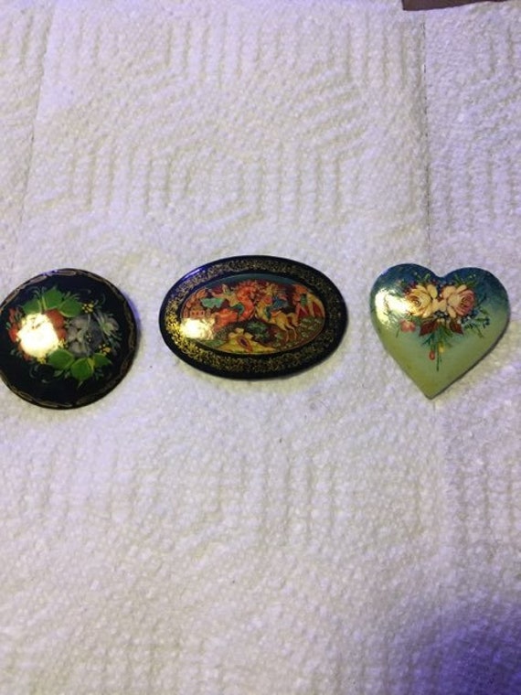 Set of 3 Russian Hand Painted Lacquer Brooch Pins