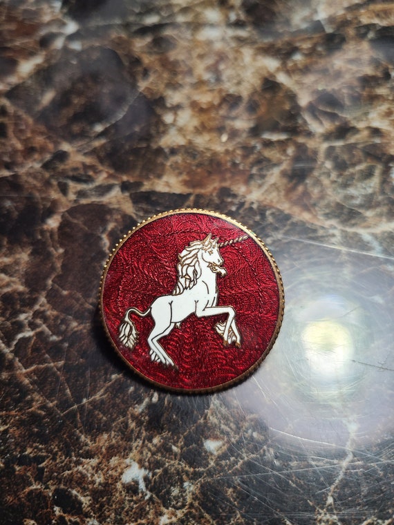 Vintage Red Guilloche Enamel Unicorn Pin Brooch