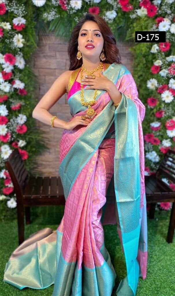 Pink and Sky Blue Color Kanchipuram Lichi Soft Silk Jacquard - Etsy