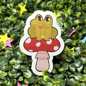 Sticker en vinyle brillant grenouille champignon