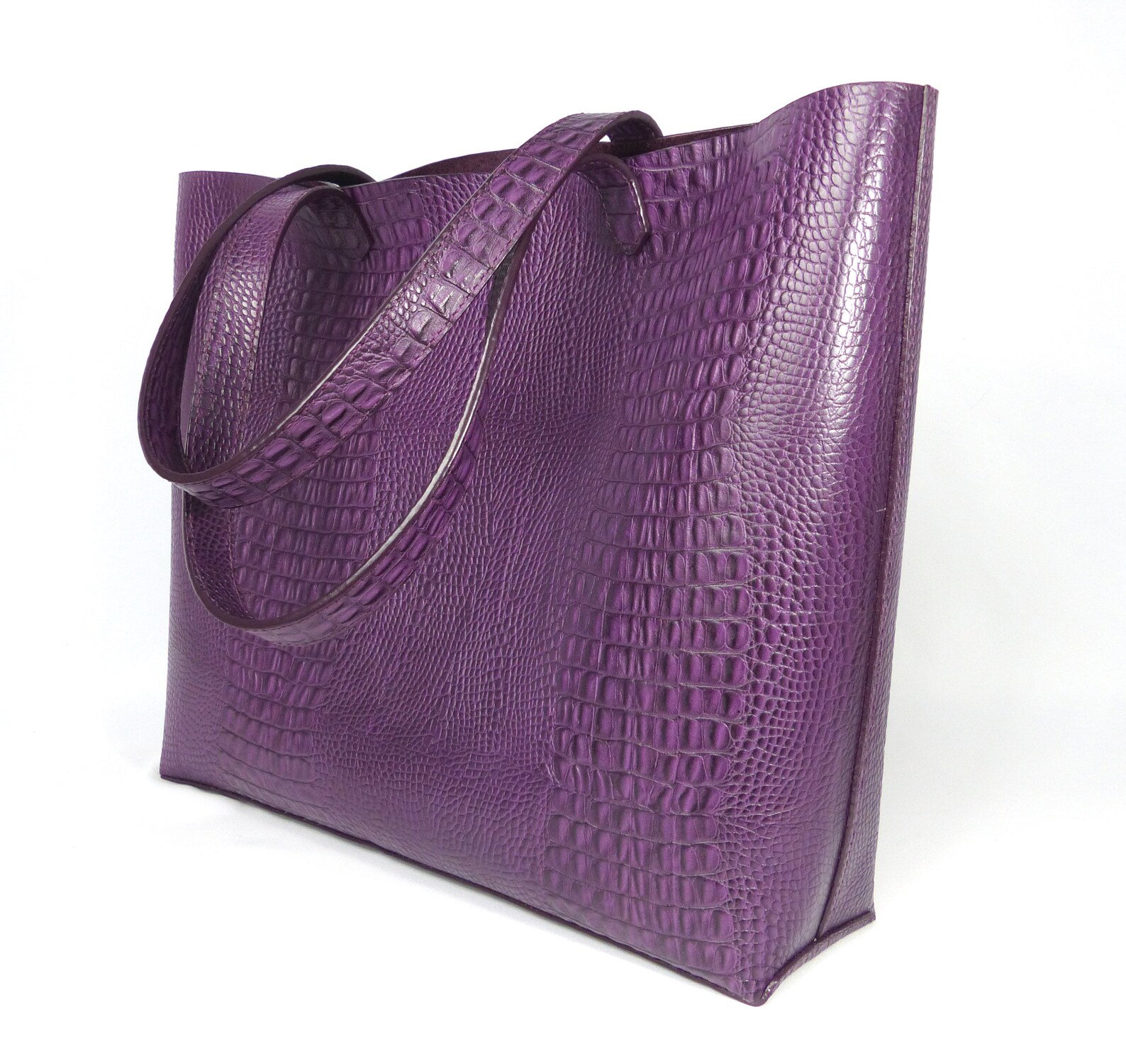 Handmade purple leather shopping bag with crocodile print Etsy