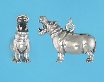 Sterling Silver Hippo Pendant: 3D Hippopotamus Charm