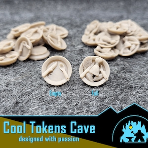 May include: A set of 3D printed miniature plates, some empty and some filled with food, for use in tabletop role-playing games. The plates are beige and the food is white.