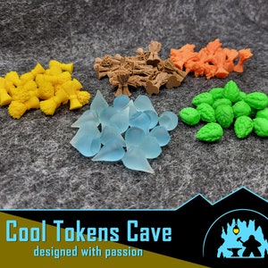 May include: Assortment of colorful plastic game tokens in various shapes and sizes. The tokens are arranged in groups on a gray surface. The tokens are yellow, blue, green, and orange.