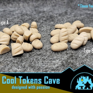 May include: Two piles of small, beige, bread-shaped tokens. The pile on the left is labelled "Type A" and the pile on the right is labelled "Type B".