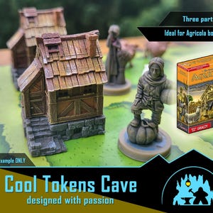 May include: A three-part, hand-painted miniature wooden building with a brown roof and stone base. The miniature is designed for the Agricola board game. The text "Three part sculpt! Ideal for Agricola boardgame" is visible in the image.