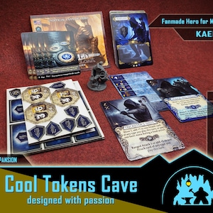 May include: A selection of Mage Knight game components, including cards, tokens, and a miniature figure. The cards display fantasy art and text, with the words "KAELEN" and "Cool Tokens Cave" visible. The set is designed for the Mage Knight board game.