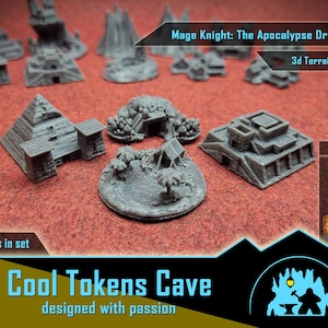 Puede incluir: Un conjunto de terreno 3D gris para Mage Knight: The Apocalypse Dragon, con edificios en miniatura, pirámides y estructuras de cuevas. El conjunto incluye 18 piezas y está diseñado por Cool Tokens Cave. El texto "3d Terrain Set" es visible.