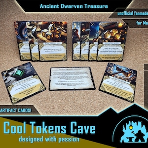 May include: A collection of game cards with the text "Ancient Dwarven Treasure" and "Cool Tokens Cave." The cards feature various illustrations and text, with the phrase "9 NEW ARTIFACT CARDS!" visible. The design includes a silhouette of a cave and a figure.