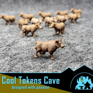 May include: A group of 10 brown miniature cow figurines on a grey textured surface. The figurines are arranged in a semi-circle with one cow in the centre of the image. The cows are all facing different directions. The image is taken from a slightly elevated angle.