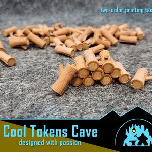 May include: A pile of brown wooden log tokens, printed using a two-colour technique. The tokens are arranged in a pile, with some logs stacked on top of others. The tokens are designed to look like real logs, with bark and knots. The text "Cool Tokens Cave" and "designed with passion" is visible at the bottom of the image.
