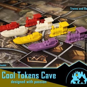 May include: A collection of colorful game tokens, including red, white, yellow, and purple trains and boats, are arranged on a game board. The image includes the text "Trains and Boats" and "Cool Tokens Cave designed with passion."