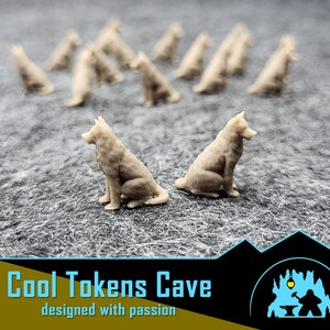 May include: A group of 12 miniature wolf figurines, painted in a light beige color, are arranged in a semi-circle on a gray textured surface. The figurines are all facing the same direction, with their heads tilted slightly downwards. The figurines are all about 1 inch tall and are made of a durable plastic material. The figurines are perfect for use in tabletop games, role-playing games, or as decorative accents.
