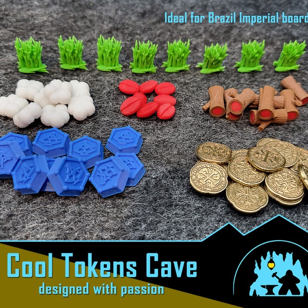 Realistic resource tokens kit compatible with Brazil Imperial board game (58 pcs)