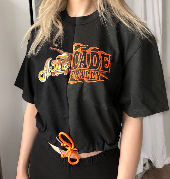 Reworked Motorcycle T Shirt Cropped Cinched Split Half And Etsy
